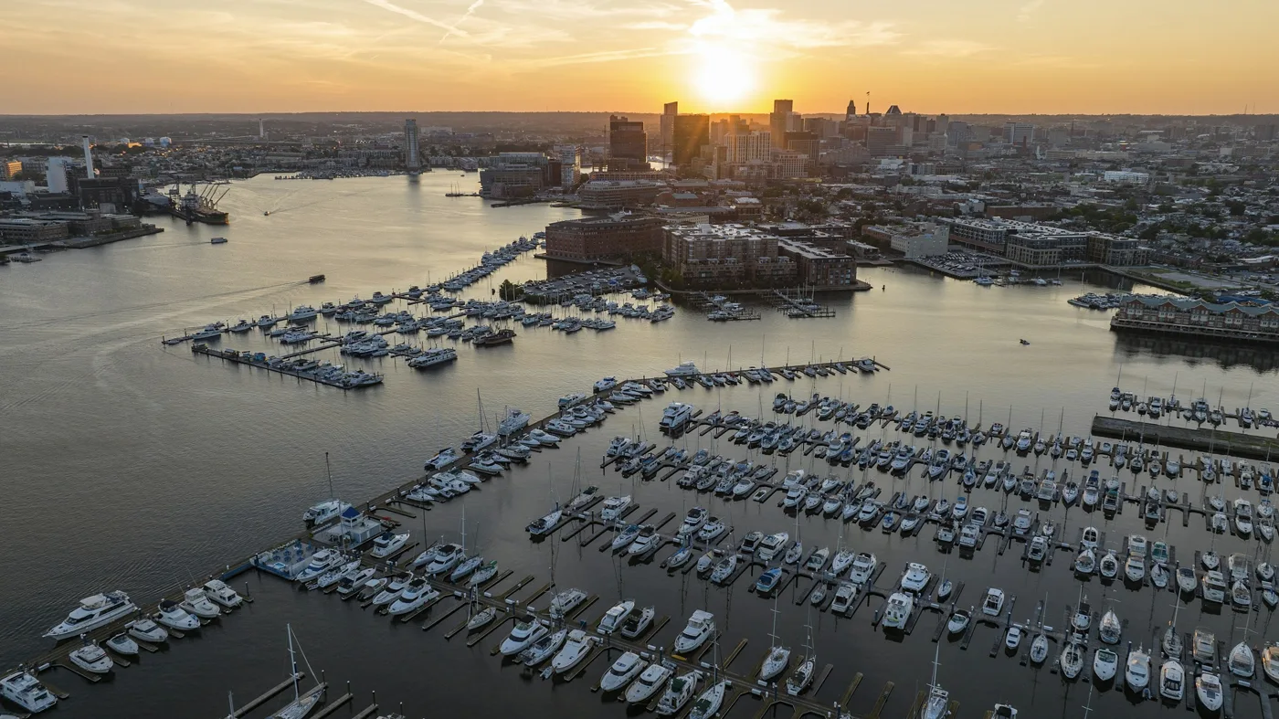 Golden sunset over Baltimore’s waterfront, marinas and downtown skyline